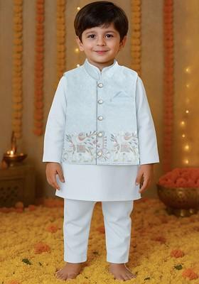 Turquoise Blue Embroidered Blended Nehru Jacket Set For Boys