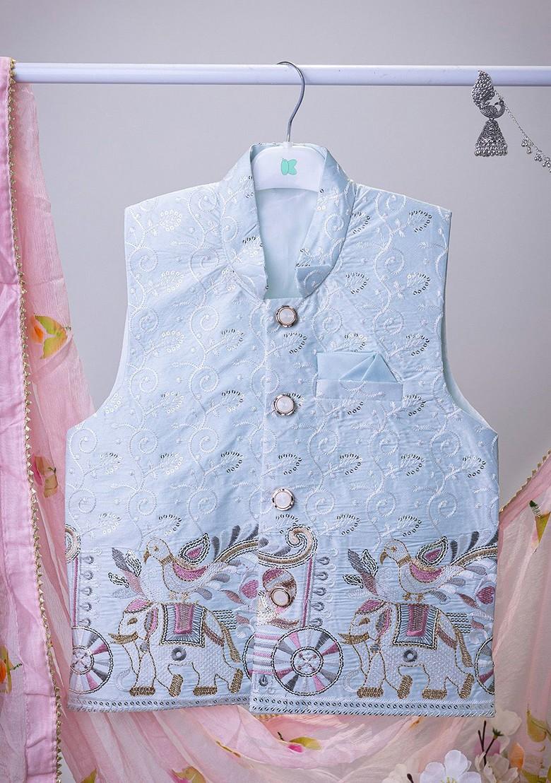 Turquoise Blue Embroidered Blended Nehru Jacket Set For Boys - Indya