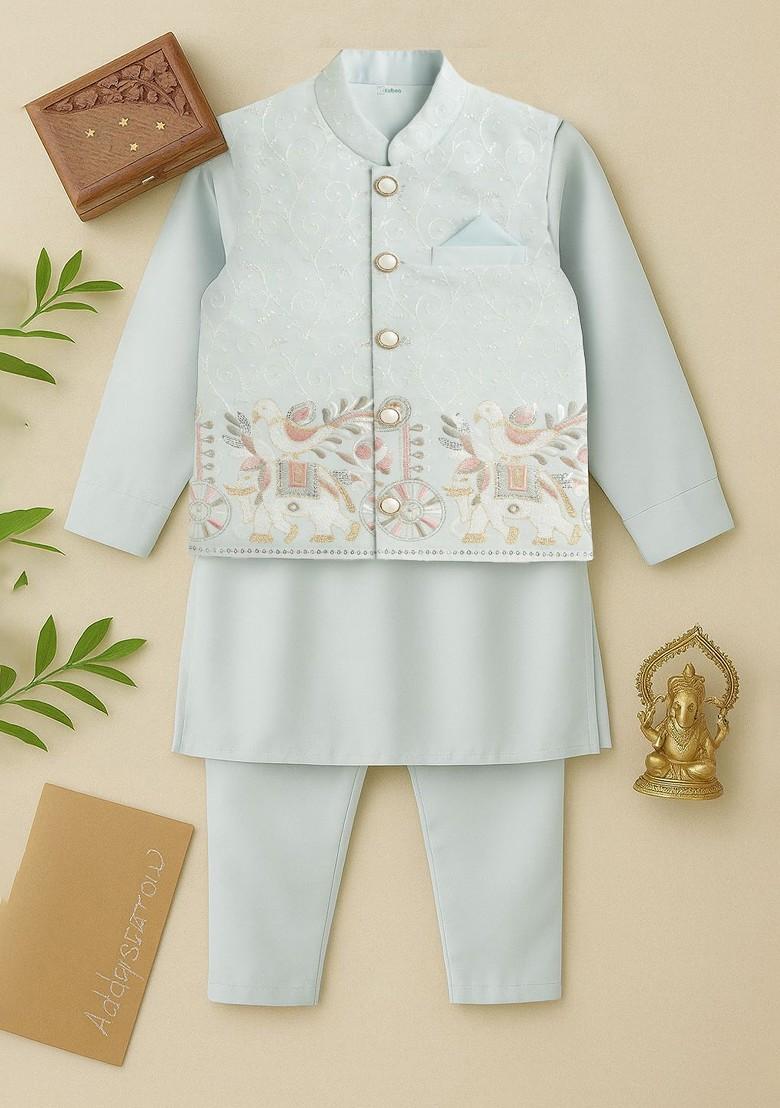 Turquoise Blue Embroidered Blended Nehru Jacket Set For Boys - Indya