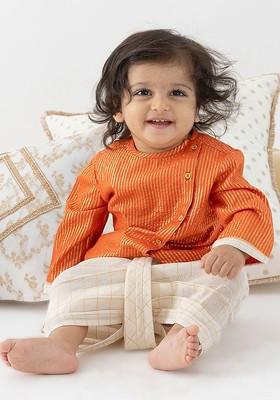 Orange Striped Blended Kurta Dhoti Set For Boys