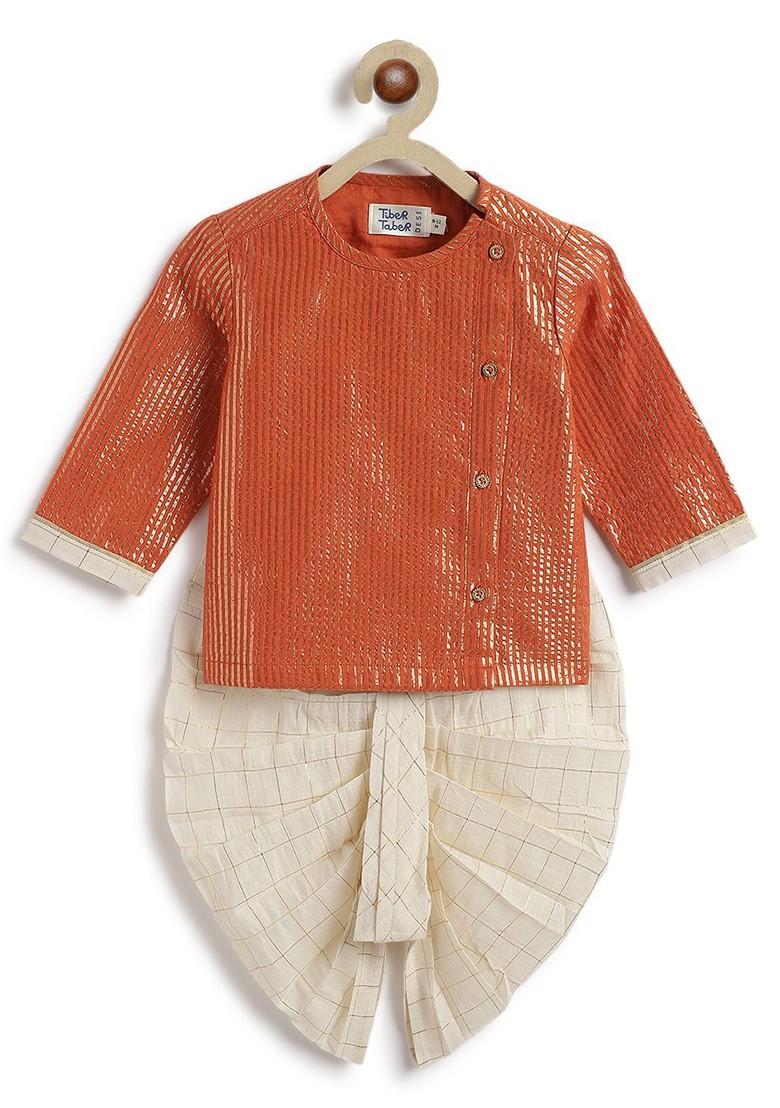 Orange Striped Blended Kurta Dhoti Set For Boys - Indya