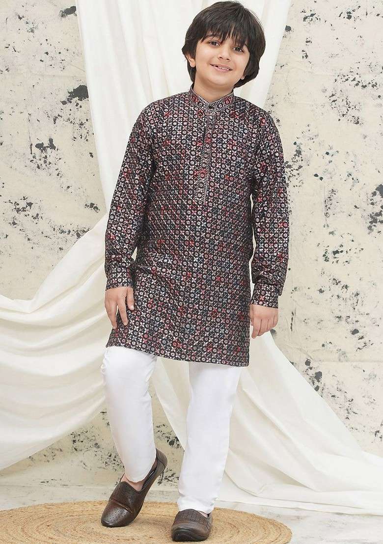 Black Embroidered Blended Kurta Set For Boys - Indya