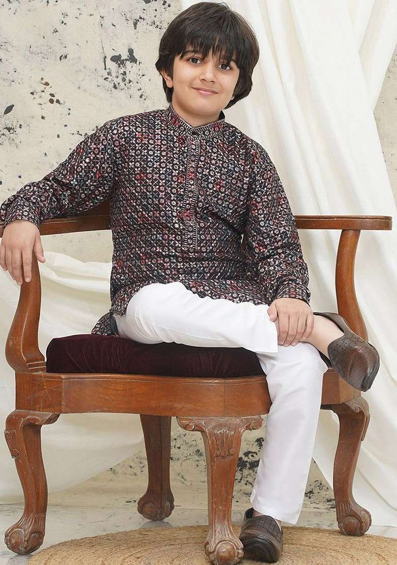 Black Embroidered Blended Kurta Set For Boys - Indya