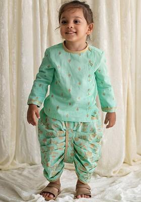 Green Printed Cotton Kurta Dhoti Set For Boys