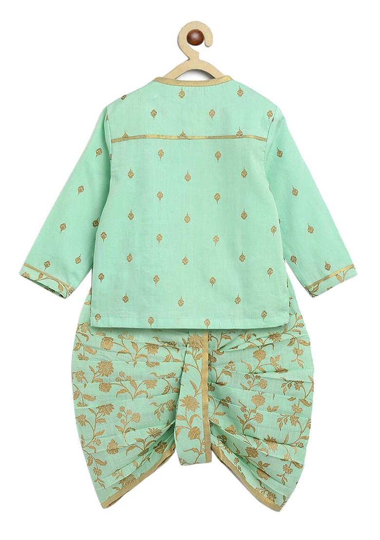 Green Printed Cotton Kurta Dhoti Set For Boys - Indya
