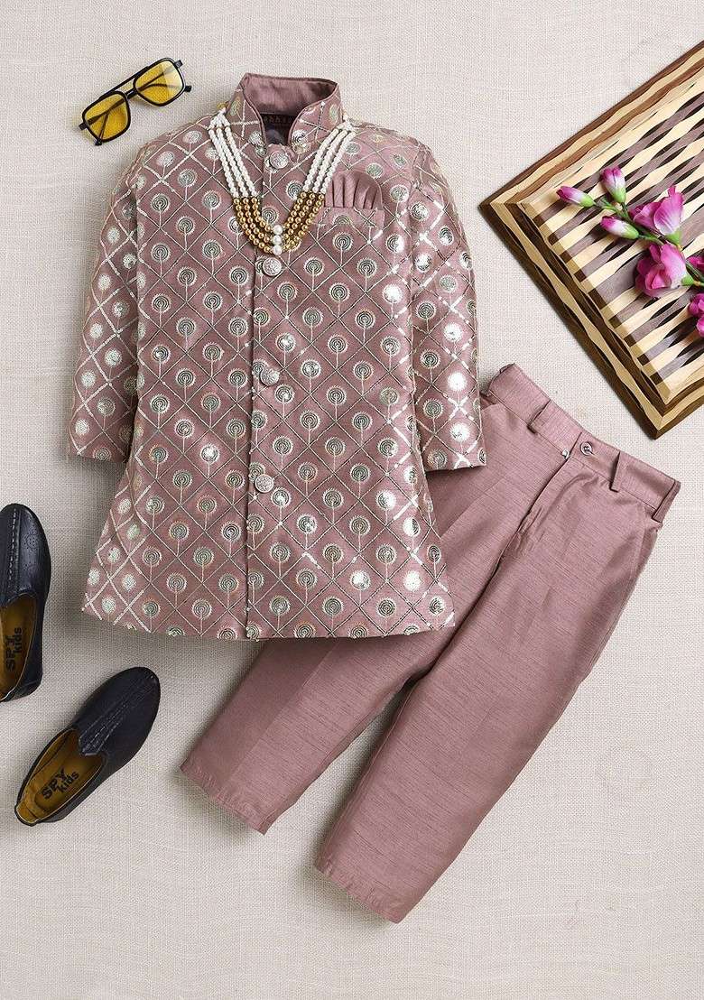 Pink Sequinned Blended Kurta Set For Boys - Indya