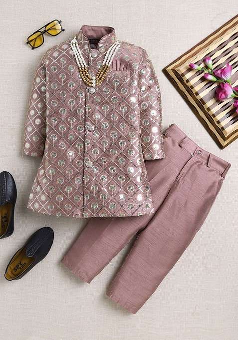 Pink Sequinned Blended Kurta Set For Boys