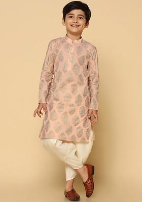 Peach Printed Blended Kurta Dhoti Set For Boys