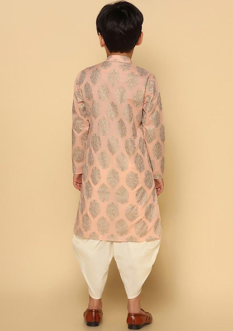 Peach Printed Blended Kurta Dhoti Set For Boys - Indya