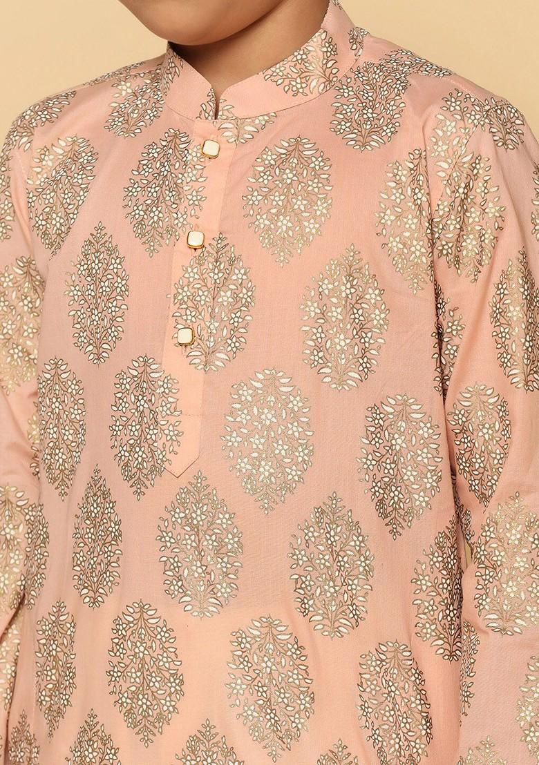 Peach Printed Blended Kurta Dhoti Set For Boys - Indya
