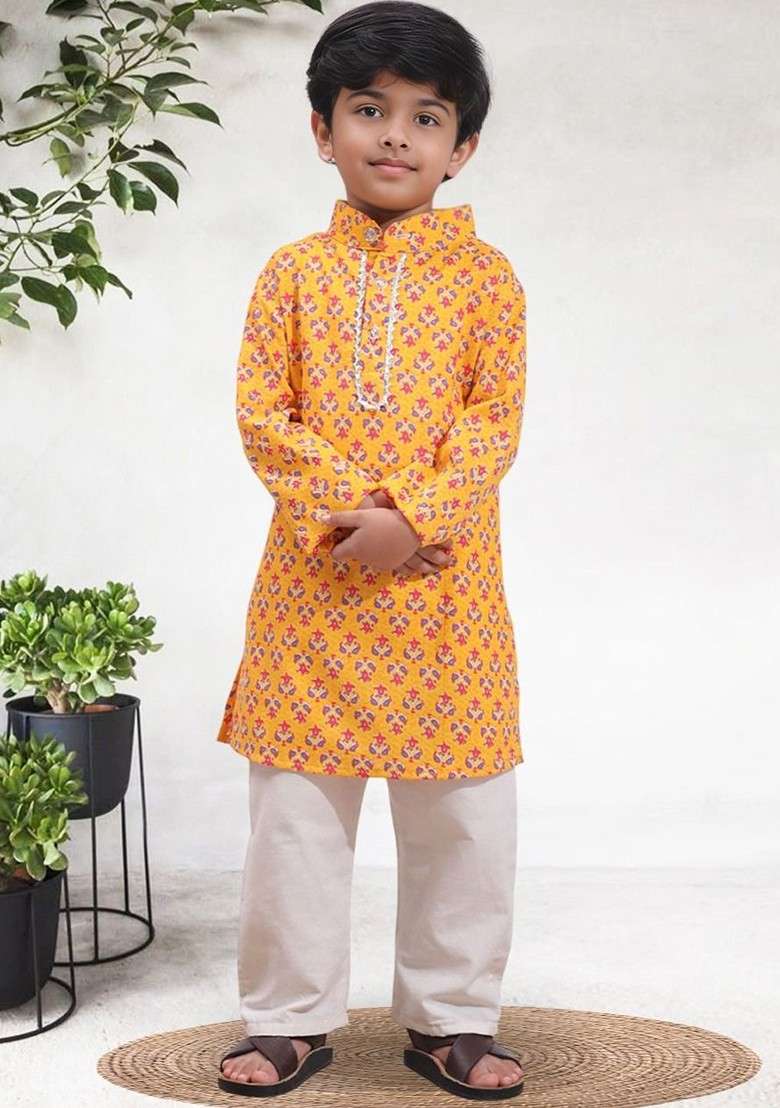 Orange Printed Blended Kurta Set For Boys - Indya