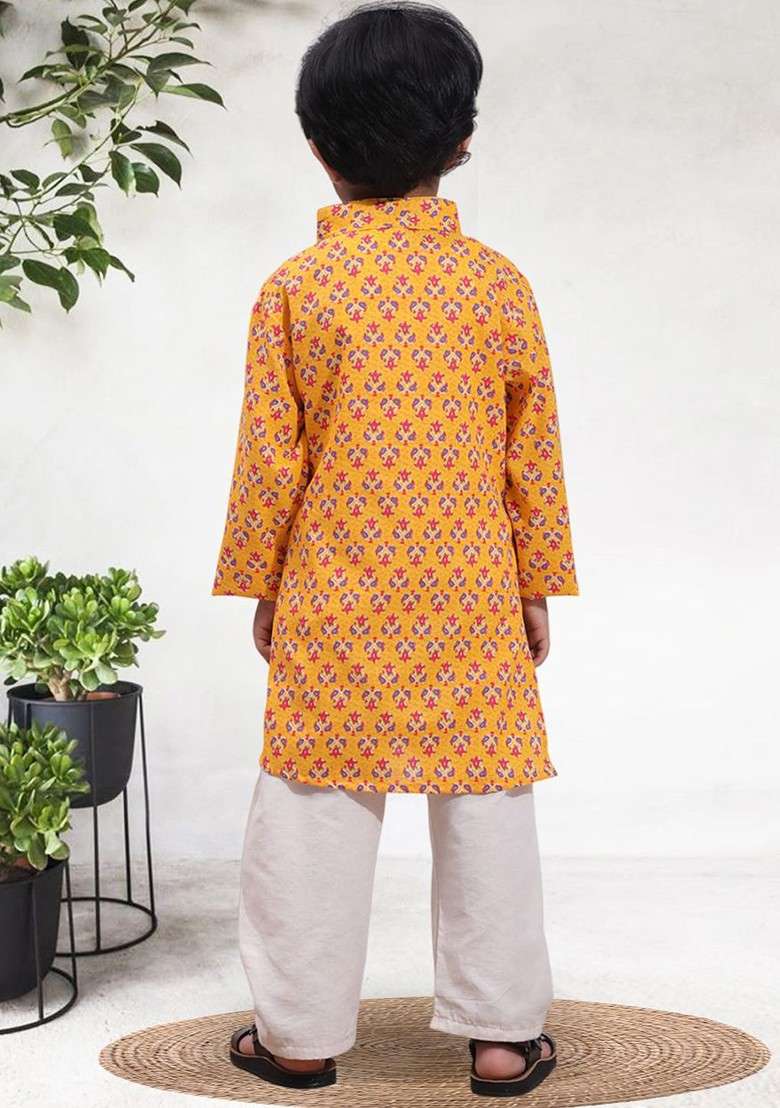 Orange Printed Blended Kurta Set For Boys - Indya