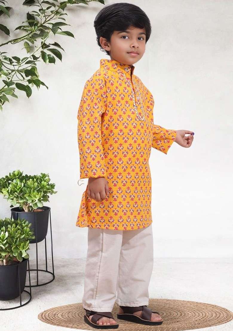 Orange Printed Blended Kurta Set For Boys - Indya