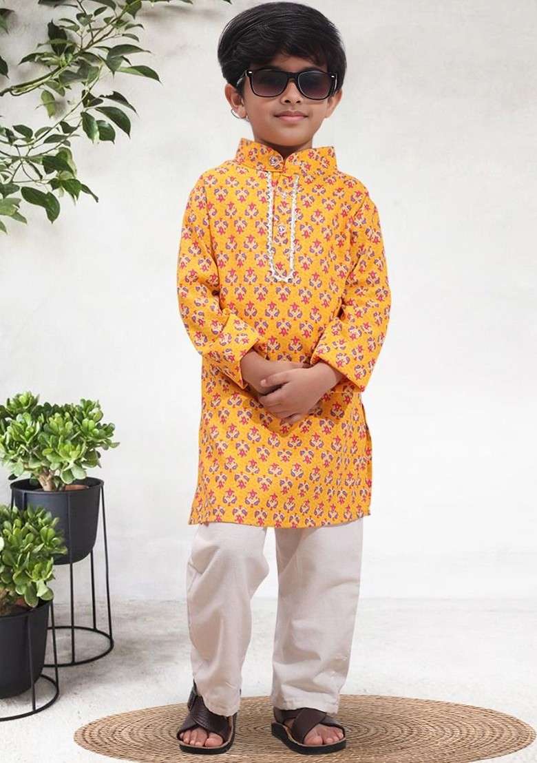 Orange Printed Blended Kurta Set For Boys - Indya