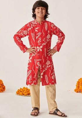 Red Printed Blended Kurta Set For Boys