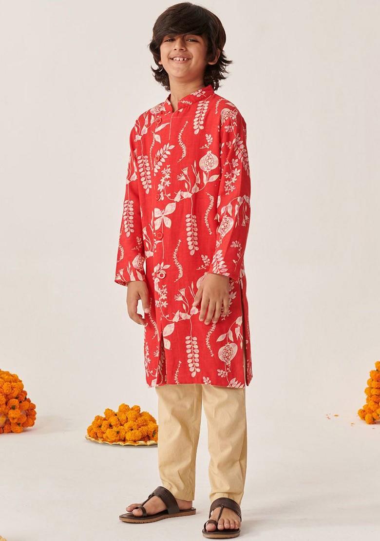 Red Printed Blended Kurta Set For Boys - Indya