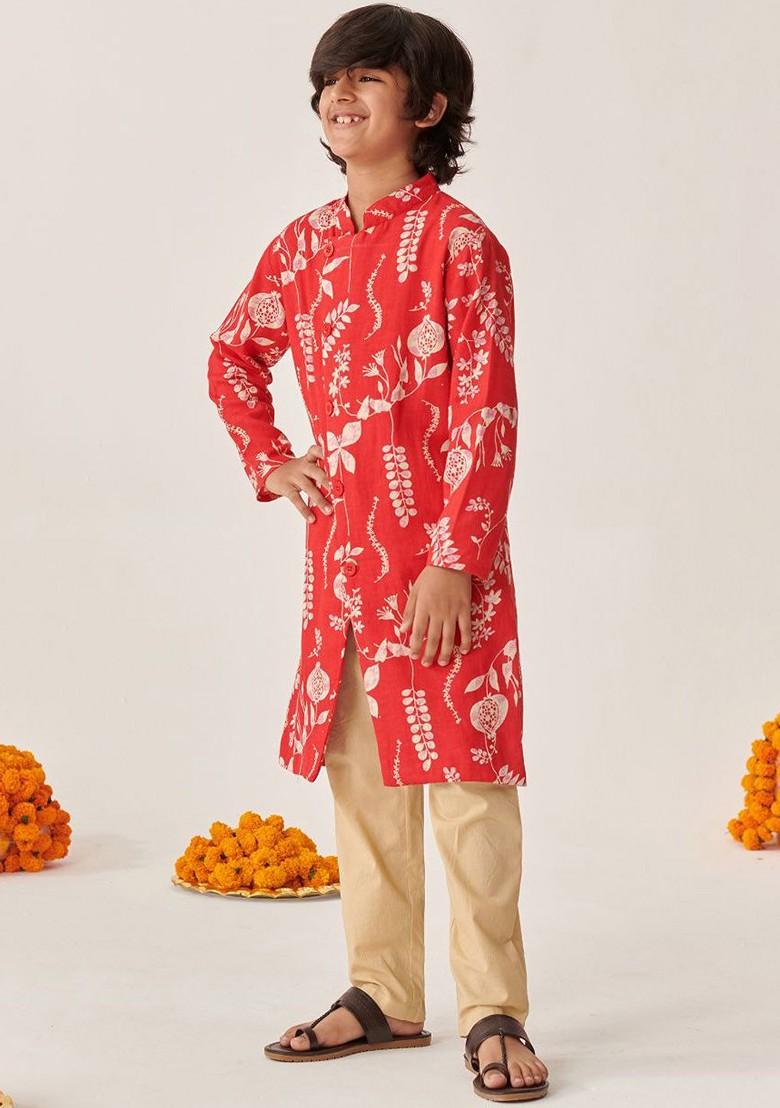 Red Printed Blended Kurta Set For Boys - Indya