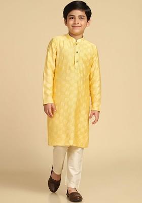 Yellow Woven Design Blended Kurta Set For Boys
