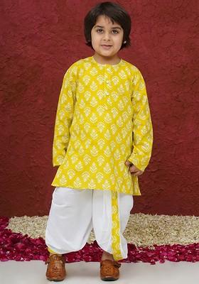 Yellow Printed Cotton Kurta Dhoti Set For Boys