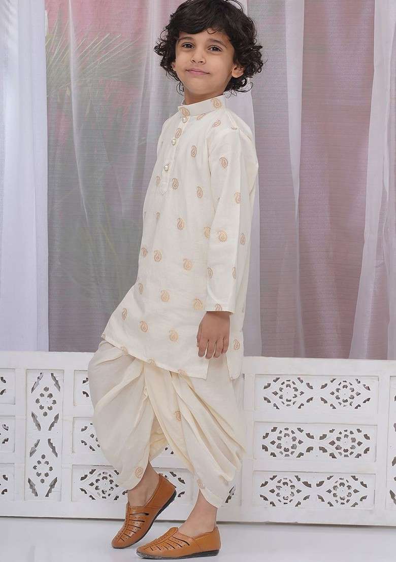 Cream Embroidered Cotton Kurta Dhoti Set For Boys - Indya