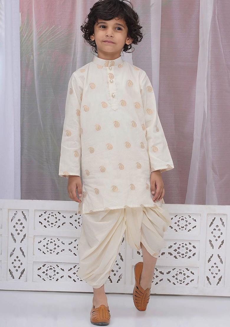 Cream Embroidered Cotton Kurta Dhoti Set For Boys - Indya