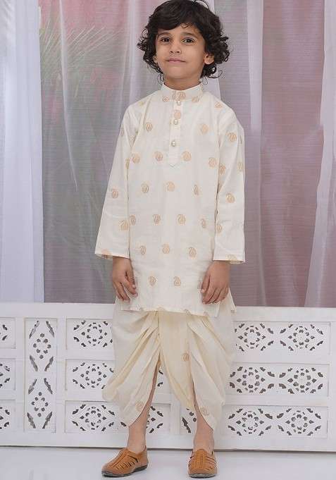 Cream Embroidered Cotton Kurta Dhoti Set For Boys