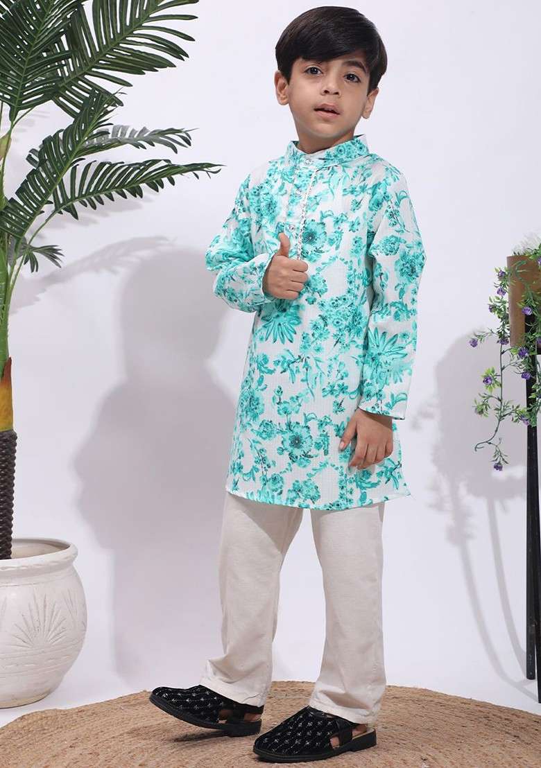 Turquoise Blue Printed Blended Kurta Set For Boys - Indya