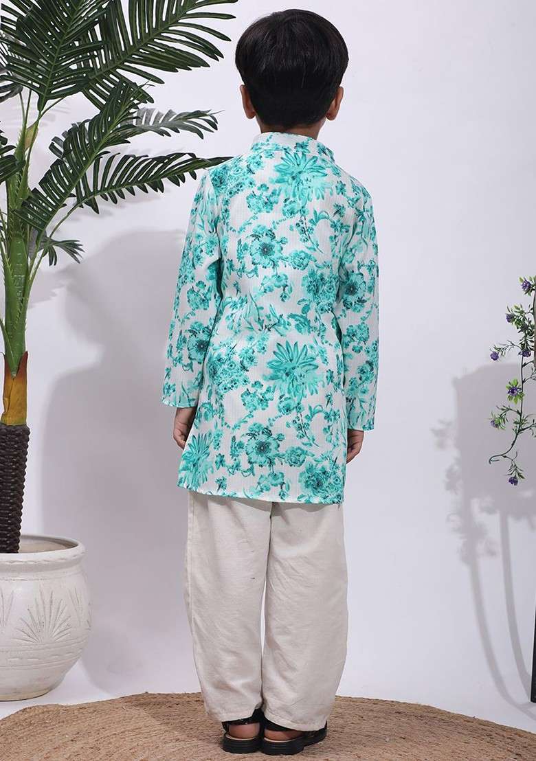 Turquoise Blue Printed Blended Kurta Set For Boys - Indya