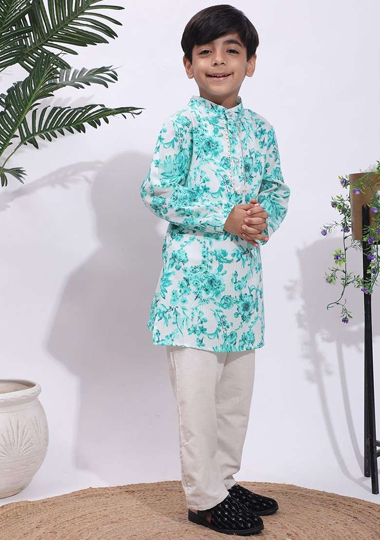 Turquoise Blue Printed Blended Kurta Set For Boys - Indya