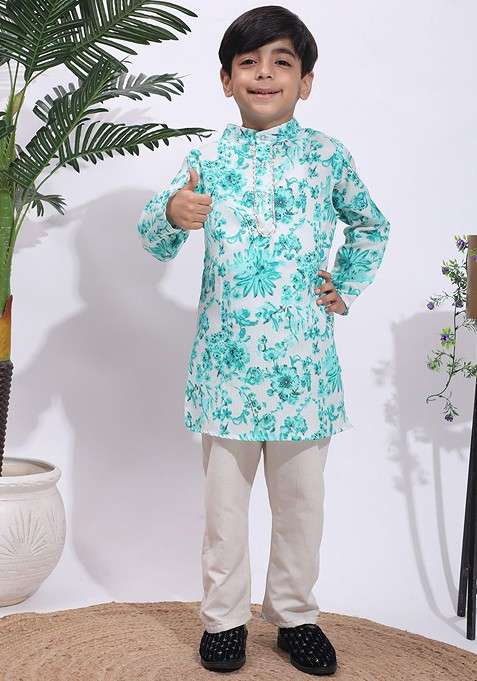 Turquoise Blue Printed Blended Kurta Set For Boys
