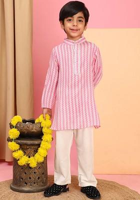 Pink Striped Blended Kurta Set For Boys
