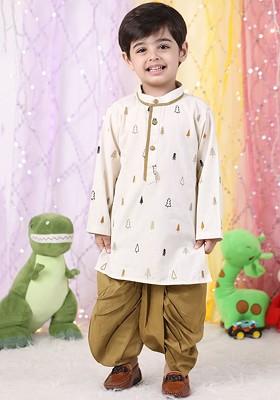 Brown Embroidered Cotton Kurta Dhoti Set For Boys