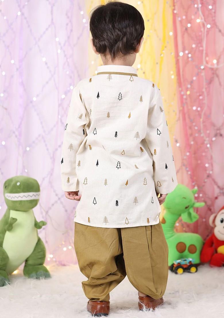 Brown Embroidered Cotton Kurta Dhoti Set For Boys - Indya