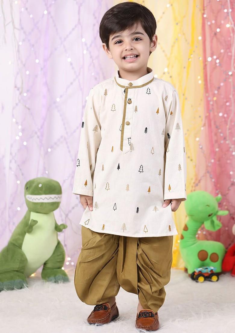 Brown Embroidered Cotton Kurta Dhoti Set For Boys - Indya