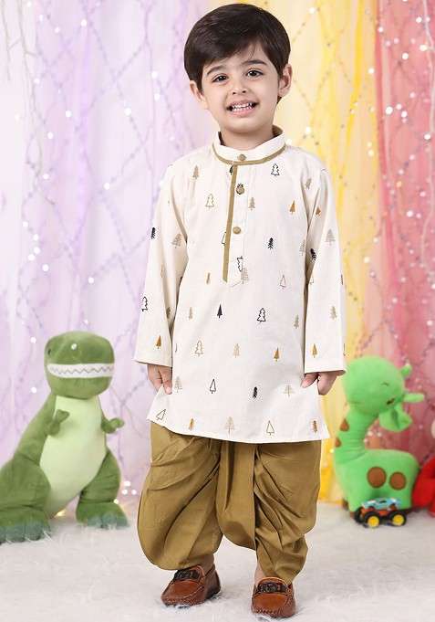 Brown Embroidered Cotton Kurta Dhoti Set For Boys