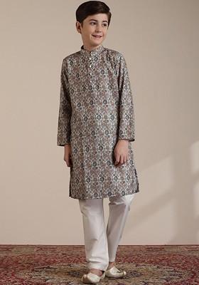 Beige Printed Blended Kurta Set For Boys