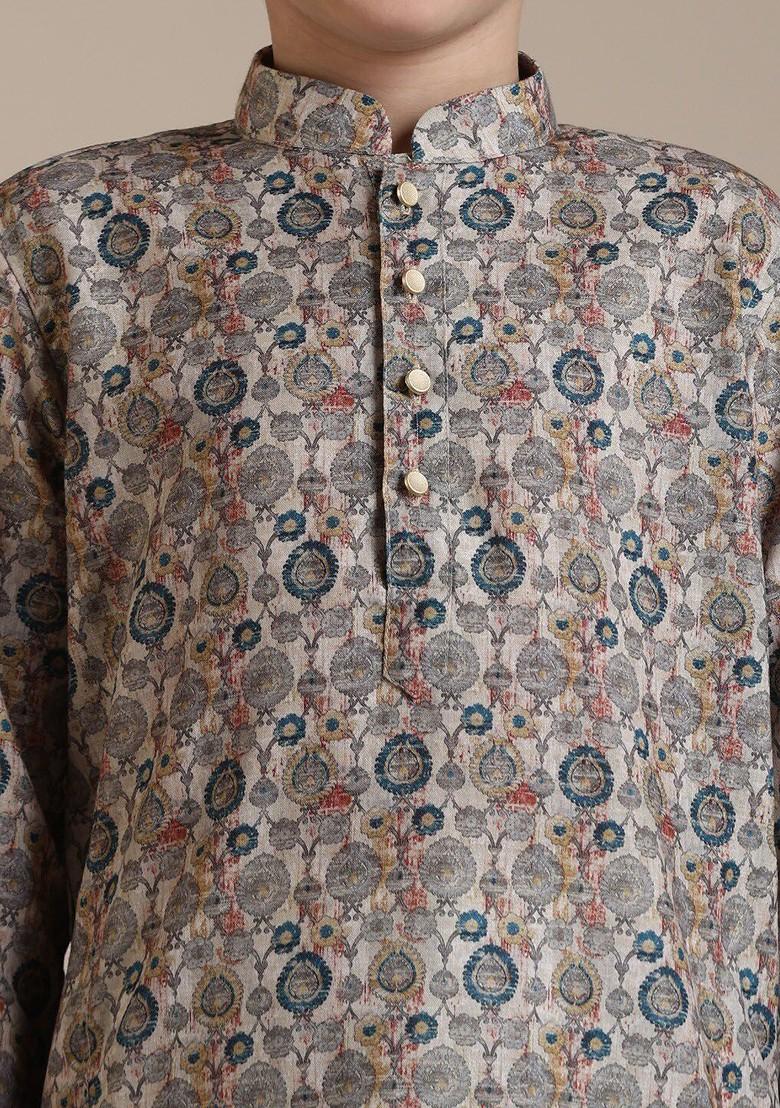 Beige Printed Blended Kurta Set For Boys - Indya