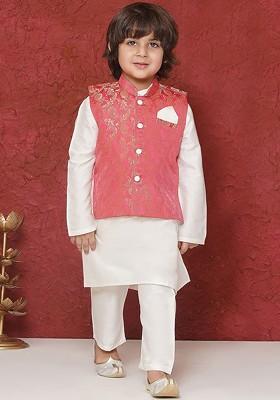 Pink Embroidered Blended Kurta Set For Boys