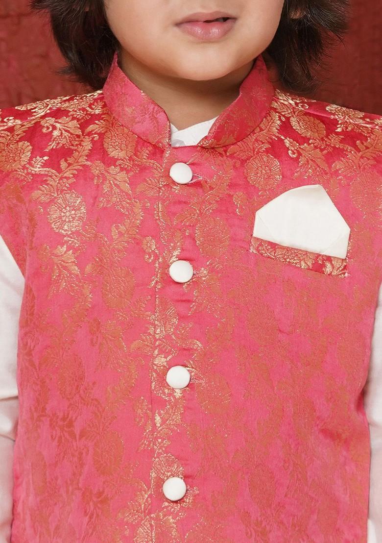 Pink Embroidered Blended Kurta Set For Boys - Indya