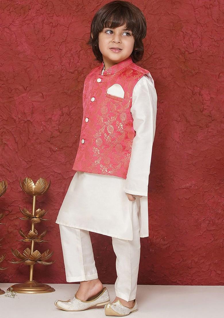 Pink Embroidered Blended Kurta Set For Boys - Indya