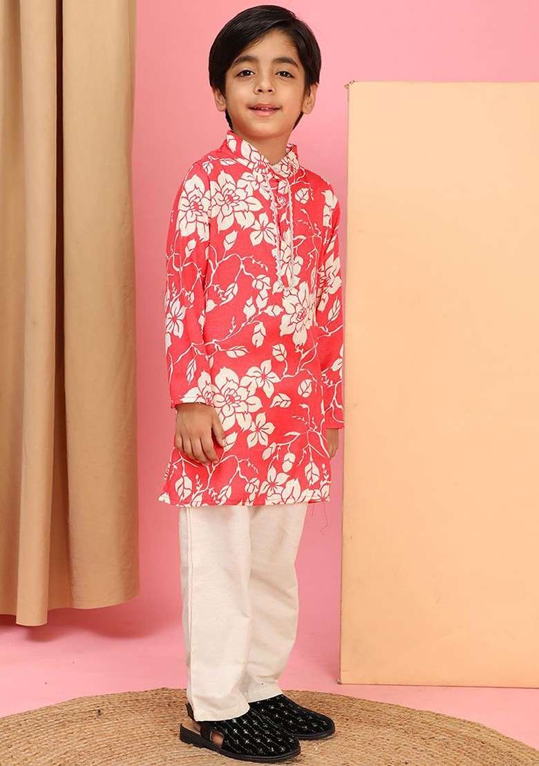 Coral Printed Blended Kurta Set For Boys - Indya
