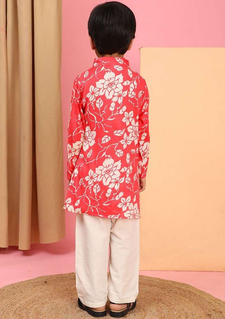 Coral Printed Blended Kurta Set For Boys - Indya