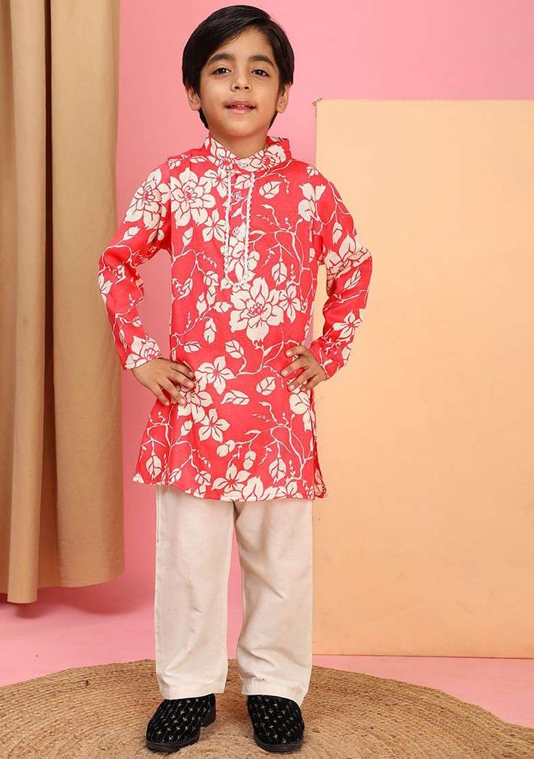 Coral Printed Blended Kurta Set For Boys - Indya