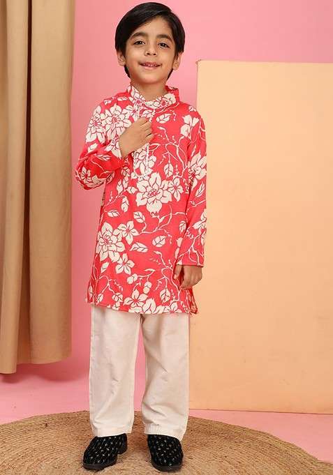 Coral Printed Blended Kurta Set For Boys