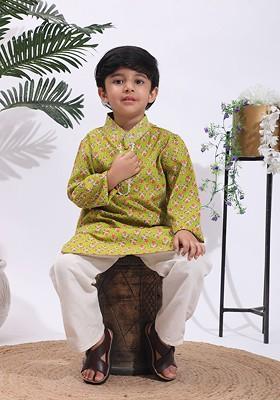 Mustard Printed Blended Kurta Set For Boys