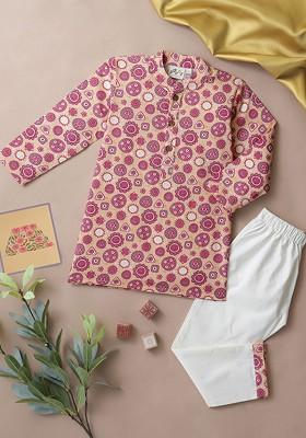 Pink Printed Cotton Kurta Set For Boys
