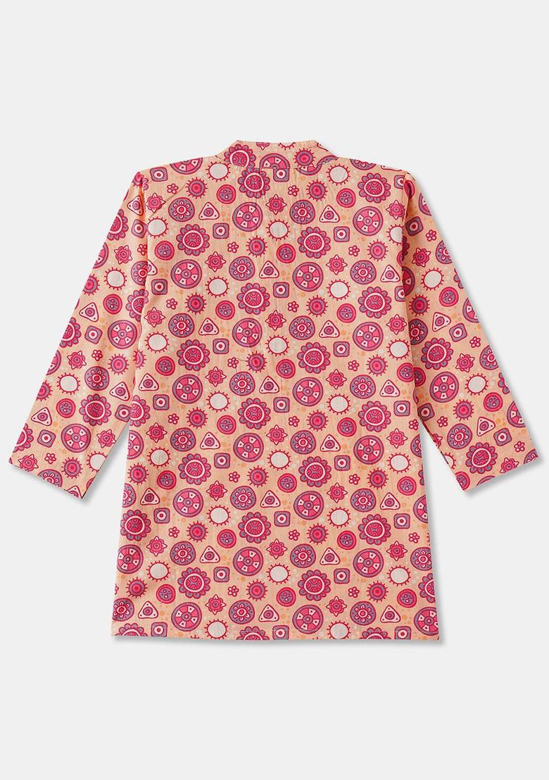 Pink Printed Cotton Kurta Set For Boys - Indya