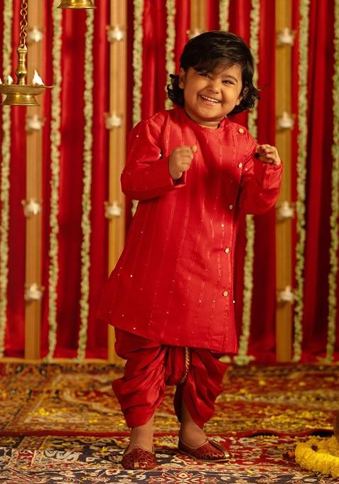 Red Embroidered Blended Kurta Dhoti Set For Boys — view on Indya