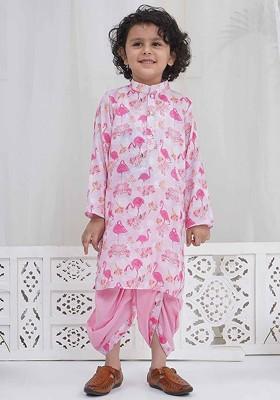 White Printed Cotton Kurta Dhoti Set For Boys