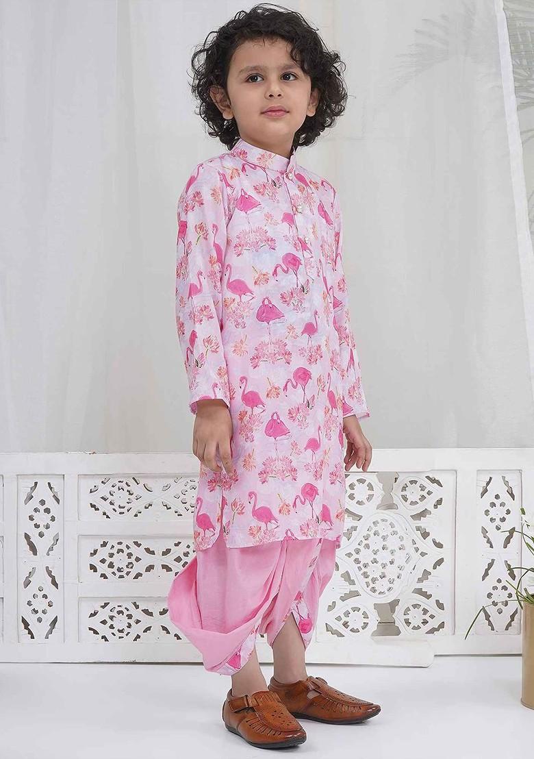 White Printed Cotton Kurta Dhoti Set For Boys - Indya